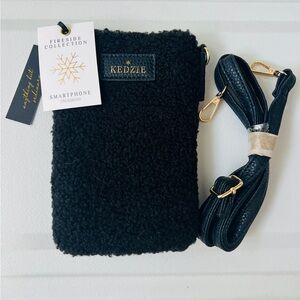 Kedzie Fireside Collection Phone Black Crossbody Vegan Sherpa NWT